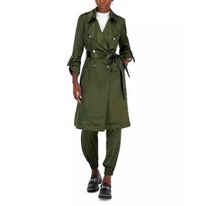 NWT INC Satin Trench Coat Sz S Green Double Breasted Belted‎ Tailored Chic Layer